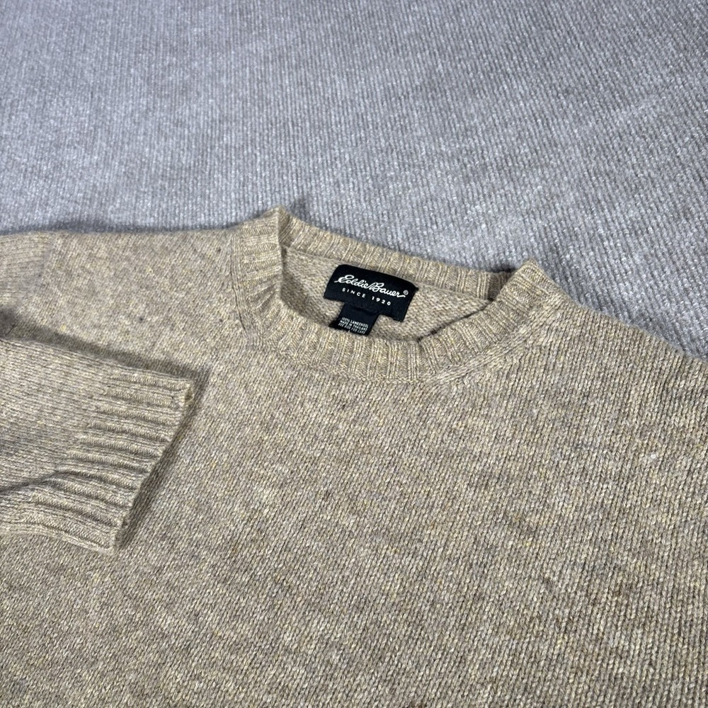 Eddie Bauer Sweater Mens L Crewneck Tan Beige Knit 100% Lambswool